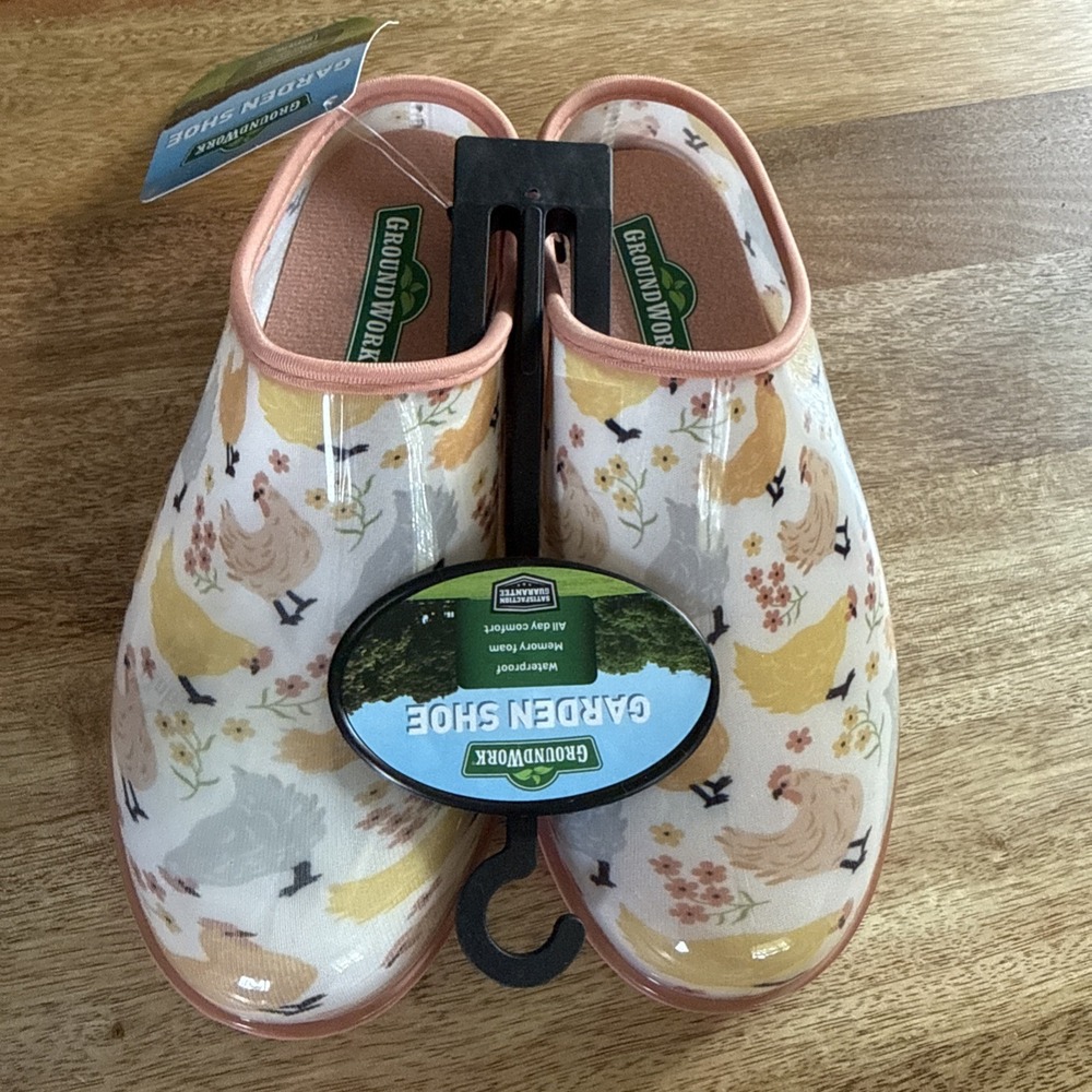 GroundWork Garden Clogs Womens 7 Chicken Print Peach Slip On Shoes Waterproof